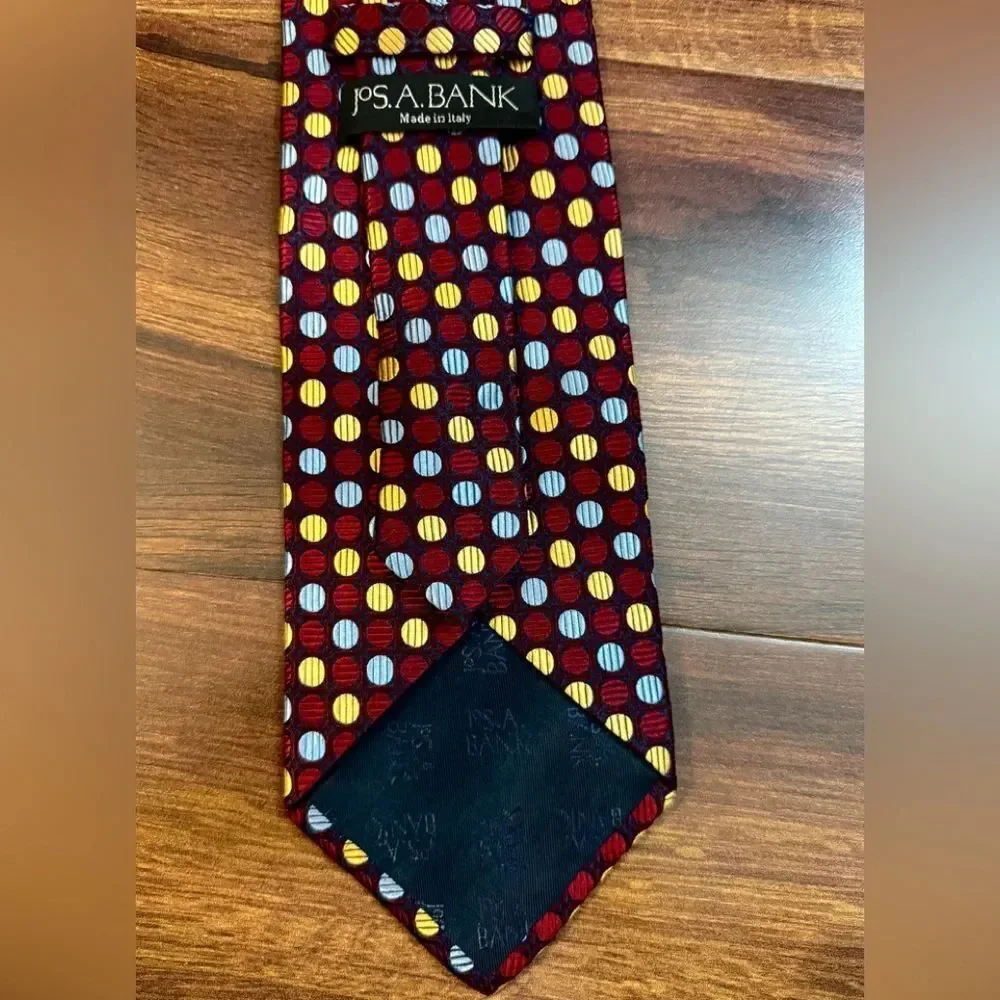 JOS. A BANK Burgundy and Gold Geometric Patterned Silk Tie Made In Italy